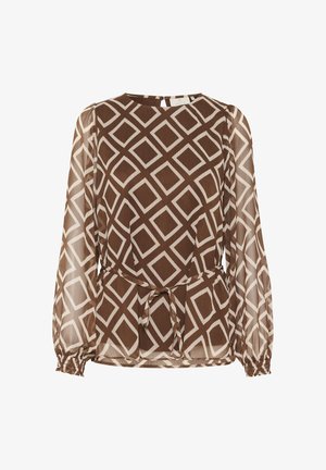 Brązowa bluzka w geometryczny wzór z długimi, przezroczystymi rękawami, z diamentowym wzorem w kolorze kremowym. Zawiera detal związywania w talii.