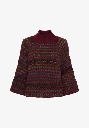 Striktrøje med høj krave, prydet med et mønster i bordeaux, grøn og blå. Løs pasform med brede ærmer og struktureret overflade.