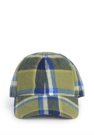 Gorra de béisbol con estampado de cuadros en azul, verde y beige, mostrada de frente sobre un fondo blanco.