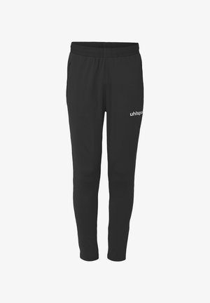 Pantalons de sport noirs avec une coupe ajustée, taille élastique et poches latérales. Présente le logo "uhlsport" en blanc sur la cuisse gauche.