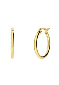 Gouden metalen oorringen met een gladde, glanzende oppervlakte. Ze hebben een klassieke ronde vorm en een scharnierende sluiting voor een veilige draagervaring.