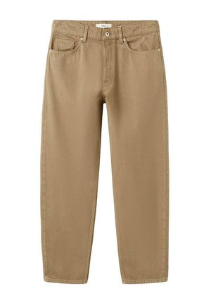 Pantalones beige de pierna recta con cierre frontal de botón y cremallera, diseño de cinco bolsillos y trabillas para cinturón.