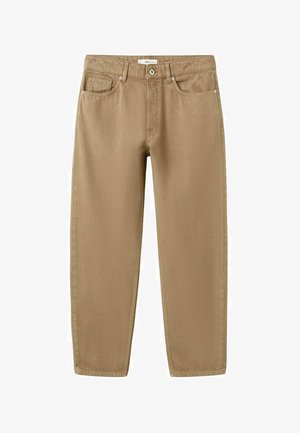 Pantalones beige de pierna recta con cierre frontal de botón y cremallera, diseño de cinco bolsillos y trabillas para cinturón.