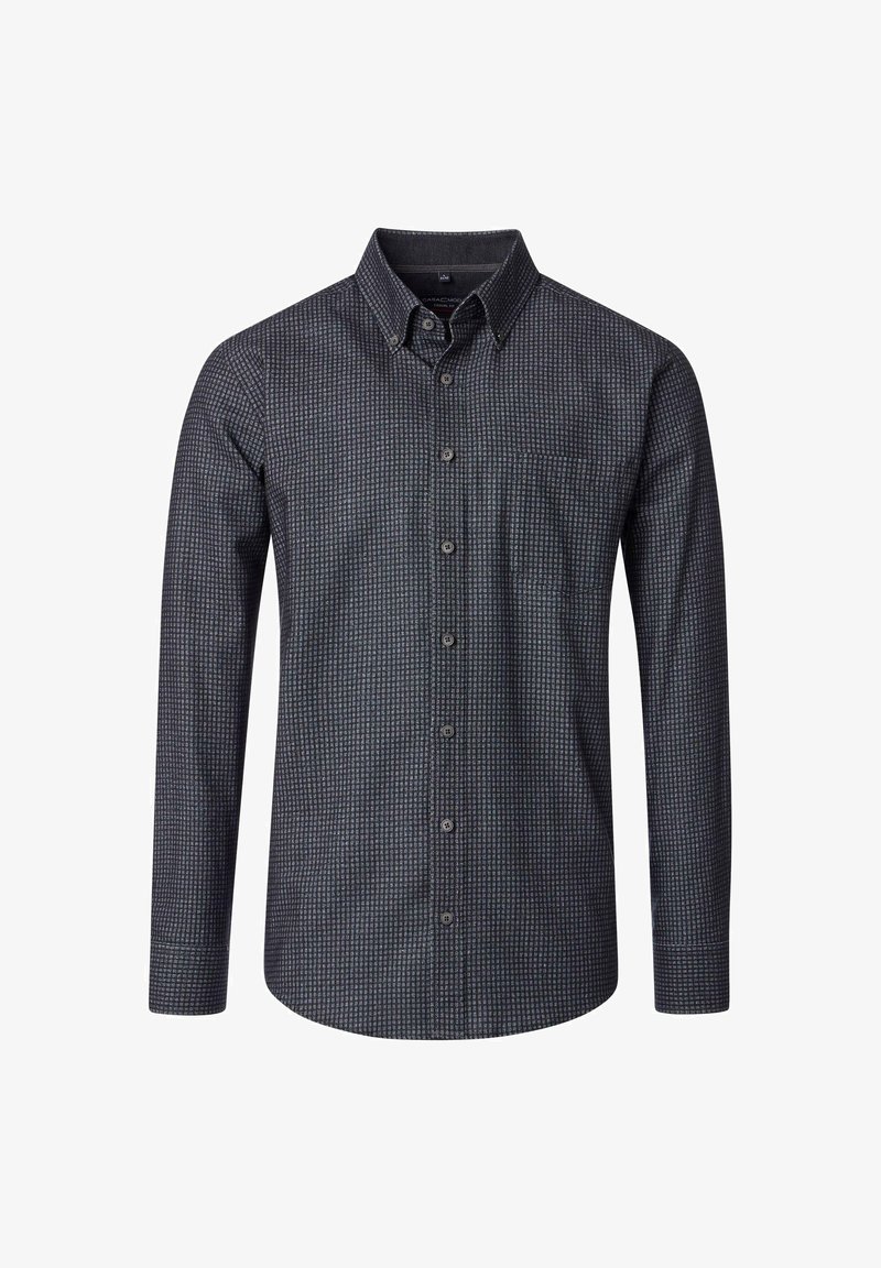 Long-sleeve button-up shirt in dark navy fabric with small geometric pattern, collar, chest pocket, and front button placket.
