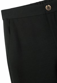 Pantaloni neri in tessuto dalla superficie liscia, design a gamba dritta, tasche laterali e chiusura frontale con bottone.