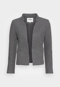 Blazer grigio da donna su misura con maniche lunghe, apertura frontale, sottile motivo a spina di pesce e due tasche frontali, etichettato "ONLY tailoring".