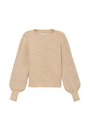 Suéter beige de canalé con cuello redondo, mangas globosas y puños ajustados. Textura suave con un leve brillo y un diseño corto.