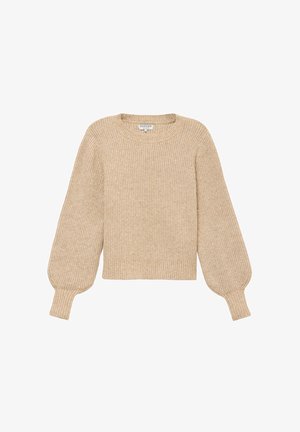Beige gerippter Pullover mit rundem Halsausschnitt, Ballonärmeln und enganliegenden Bündchen. Weicher Stoff mit subtem Glanz und cropped Design.