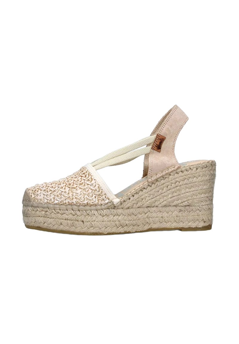 Sandalo intrecciato beige con piattaforma in juta, tomaia in maglia, cinturini elasticizzati alla caviglia e supporto del tallone in camoscio.