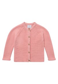 Pinker Baumwollcardigan mit Raglanärmeln, fünf Holzknöpfen und strukturiertem Strickmuster. Verfügt über gerollte Säume und einen runden Halsausschnitt.