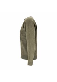 Olivgrüner Rundhalspullover, lange Ärmel, weiche Stricktextur, gerippte Bündchen und Saum, keine sichtbaren Muster oder Verschlüsse.