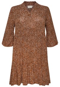 Braunes Kleid mit floralem Muster in Creme und Schwarz. Verfügt über eine lockere Passform, dreiviertellange Glockenärmel und einen ausgestellten Saum.