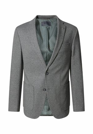 Grauer, strukturierter Herrenblazer mit zwei vorderen Knöpfen, Kissingkragen, aufgesetzten Taschen und gemustertem blau-grünem Innenfutter.