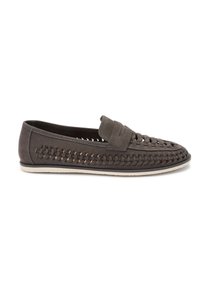 Gray suede slip-on shoes with woven design, contrasting light accents, flat white sole, and rounded toe. Minimalist style.