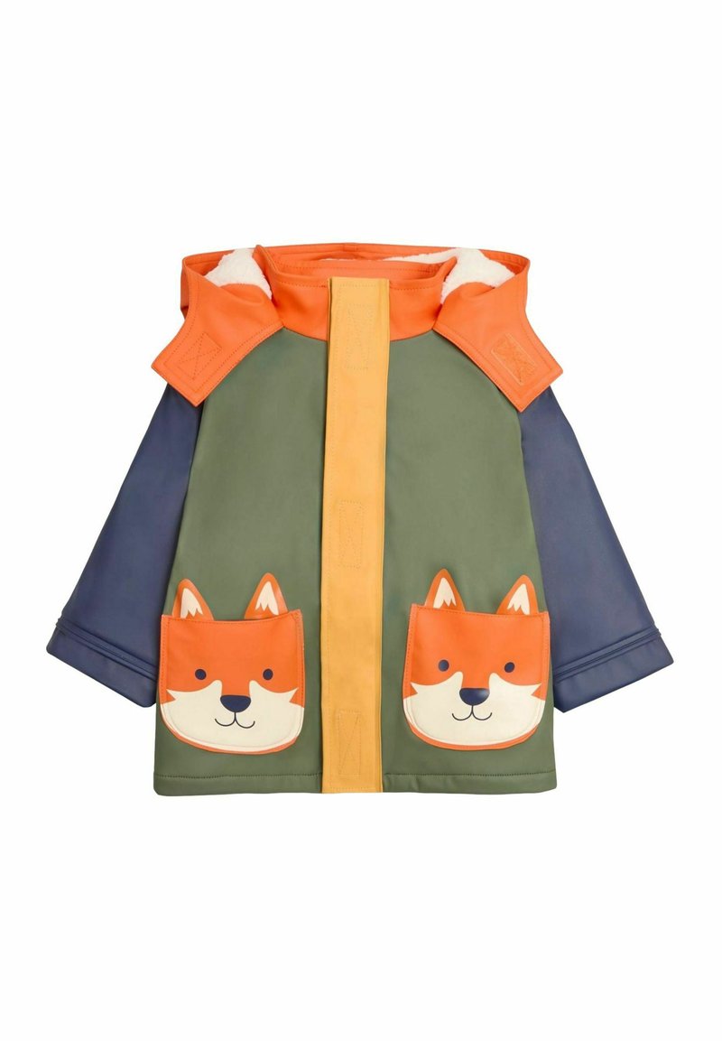 Waterdichte jas in groen, blauw en oranje. Heeft zakken in de vorm van een vossenhoofd, een gele sluiting aan de voorkant en een comfortabele voering op de kraag.