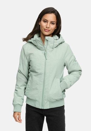 Mint green jacket with a hood, front zip closure, ribbed cuffs and hem, featuring two side pockets and smooth texture.