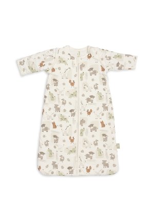 Gigoteuse blanche pour bébé avec manches longues, fermeture éclair à l'avant et motif animalier présentant des chevaux, des poulets, des chiens et des feuilles dans des couleurs tamisées.