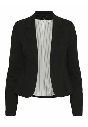 Črn izdelan blazer z obrobnimi lapelami in dolgimi rokavi, ki ima belo notranjost s tankimi navpičnimi črnimi črtami.
