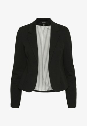 Blazer noir ajusté avec revers crantés et manches longues, arborant une doublure intérieure blanche avec de fines rayures verticales noires.