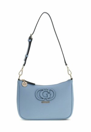 Light blue Guess handbag with adjustable black strap, zipper closure, and double G logo on front with gold Guess lettering.