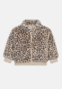 Leopardo raštas striukė, pagaminta iš švelnaus, pūkuoto audinio, su aukštu apykakle ir užtrauktuku priekyje. Guma juosmenyje ir rankogaliuose šviesiai bežinė.