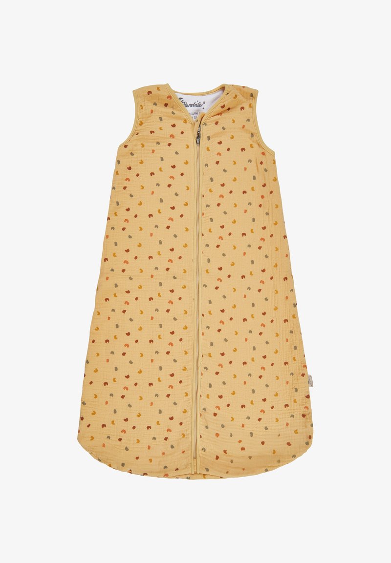 Ärmelloser Schlafsack aus weichem gelben Stoff, mit einem Frontreißverschluss und kleinen, mehrfarbigen Punkten in Rot, Orange und Graumustern.