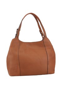 Sac à main en cuir marron avec une texture lisse, une silhouette arrondie et des bretelles doubles. Présente des coutures contrastantes et un matériel minimal.