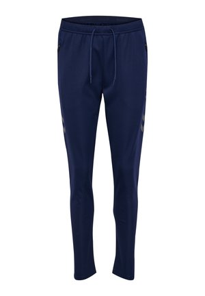 Marineblaue Jogginghose aus glattem Stoff, mit einem elastischen Bund und Kordelzug, seitlichen Taschen und einem dezenten Streifenmuster.