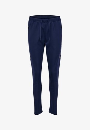 Marineblå sweatpants lavet af glat stof, med elastisk talje og snoretræk, sidelommer og diskret stribedesign.