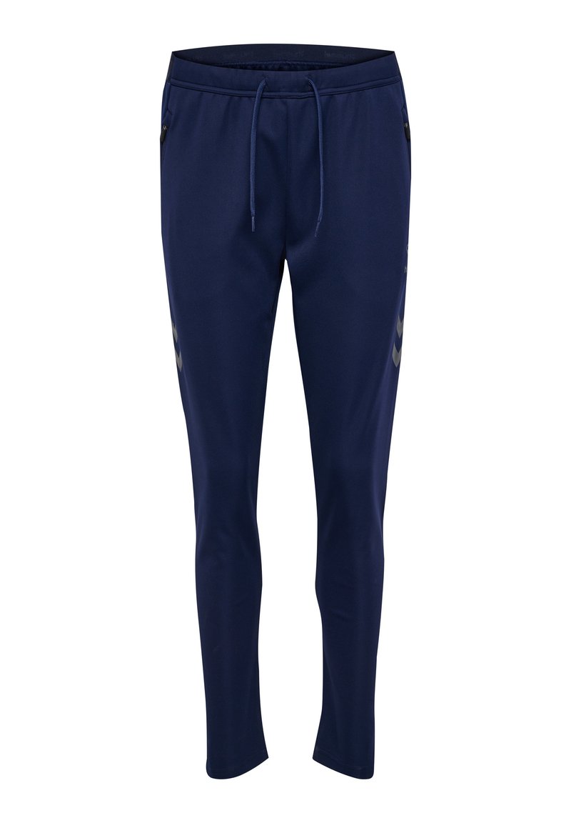 Marina träningsbyxor i slätt tyg, med elastiskt midjeband och dragsko, fickor på sidorna och subtilt randigt mönster.