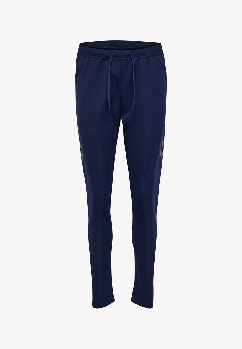 Marina träningsbyxor i slätt tyg, med elastiskt midjeband och dragsko, fickor på sidorna och subtilt randigt mönster.