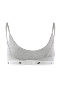 Reggiseno grigio con una texture liscia, spalline regolabili e una banda bianca con lettere nere. Design semplice con una forma arrotondata sul retro.