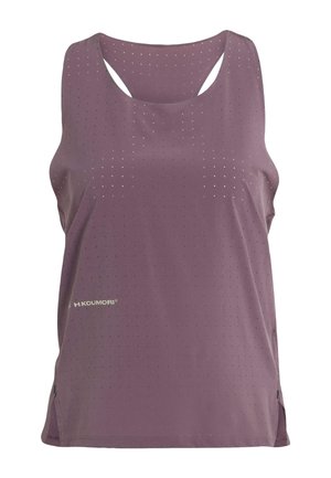 Fioletowy sportowy top na ramiączkach o gładkiej fakturze, z małymi otworami wentylacyjnymi na całej powierzchni, z tyłem w stylu racerback oraz logo u dołu.