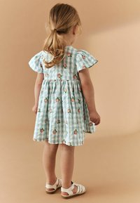 Světle modré kostkované šaty s květinovými broskvovými vzory, krátkými volánkovými rukávy, elastickým pasem a sukní ke kolenům. Doplněné o bílé sandály.