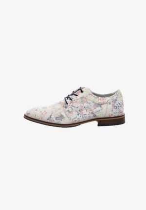 Herrns Schnürschuh mit spitz zulaufender Zehe, Blumenmuster in Pastellfarben und brauner niedriger Absatzsohle.