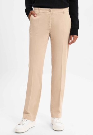 Beige trousers made of cotton or similar fabric, featuring a straight-leg design, side pockets, and a button closure at the waist.