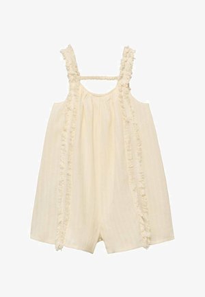 Lys creme romper med tynde stropper, med en samlet bodice og frynse detaljer langs fronten og siderne. Letvægts, tekstureret stof.