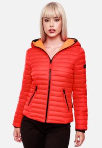 Red padded jacket with a black zipper and pockets, featuring an orange interior lining, rounded hood, and horizontal quilting pattern.