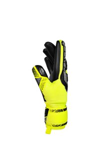 Torwarthandschuh mit einem neon-gelben Bund und Handfläche aus schwarzem Latex. Strukturierte Rückhand mit gemusterten Akzenten und grifffördernden Details.
