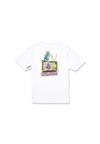 T-shirt en coton blanc arborant un design graphique d'un chat bleu sur une télévision rétro avec des antennes vertes et des accents roses, marqué "VOLCOM".