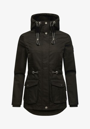 Veste noire à capuche avec poches avant, taille à cordon, boutons-pression et poignets côtelés, conçue pour un usage en extérieur.