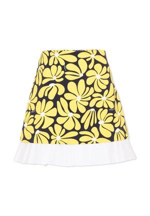 Gonna nera con grande motivo floreale giallo e orlo bianco plissettato.