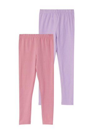 Two pairs of plain elastic-waist leggings, one in dusty pink and one in lavender, displayed side by side on a white background.
