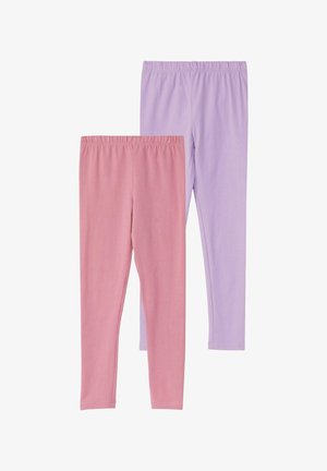 Twee paar effen leggings met elastische taille, één in stoffig roze en één in lavendel, naast elkaar weergegeven op een witte achtergrond.