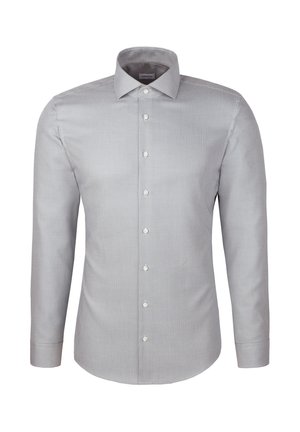 Jasnoszara koszula z długim rękawem, z kołnierzykiem zapinanym na guziki, subtelnym wzorem teksturowym i sześcioma guzikami z przodu. Manżety zapinane na pojedynczy guzik.