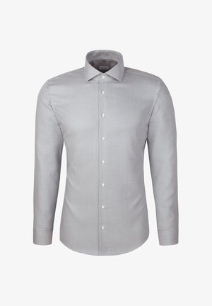 Jasnoszara koszula z długim rękawem, z kołnierzykiem zapinanym na guziki, subtelnym wzorem teksturowym i sześcioma guzikami z przodu. Manżety zapinane na pojedynczy guzik.