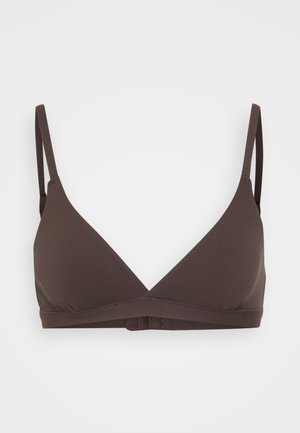 Brown triangle bralette made of soft fabric, featuring adjustable straps and a hook-and-eye closure at the back. Smooth texture.