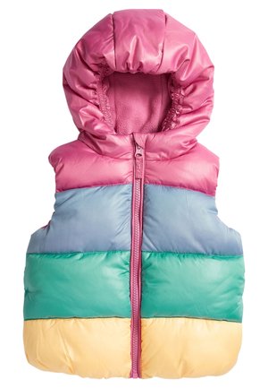 Farverig, fyldig vest med en lyserød hætte, som har horisontale paneler i lyserød, blå, grøn og gul, med en frontlynlås.