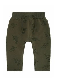 Legergroene sweatpants met zwarte geometrische vogelpatronen, elastische tailleband met trekkoord. Zacht materiaal met een gladde textuur.