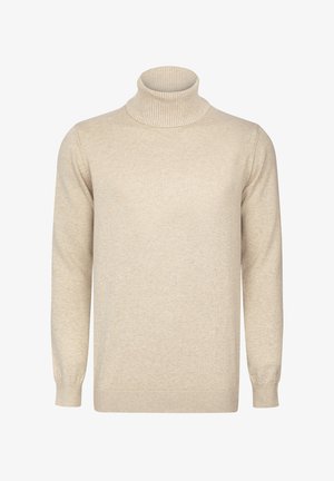 Pull beige en maille à col roulé avec manches longues, col côtelé, poignets et ourlet.